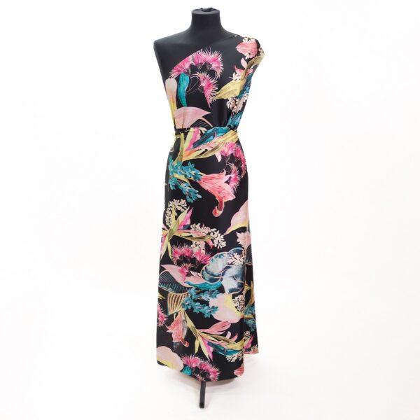 Tessuto Satin a fantasia motivo floreale nero - fucsia - giallo