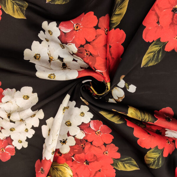 Tessuto Satin a fantasia motivo floreale nero - rosso - panna