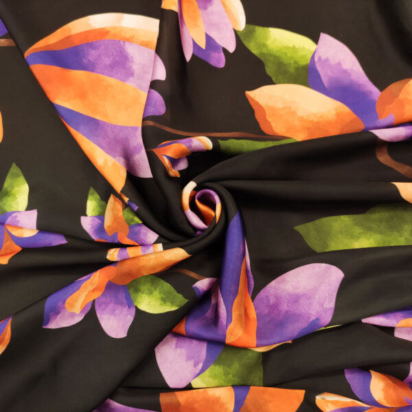 Tessuto Satin a fantasia motivo floreale nero - viola - verde