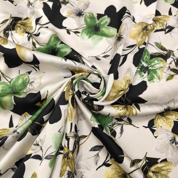 Tessuto Satin a fantasia motivo panna - nero - verde mela