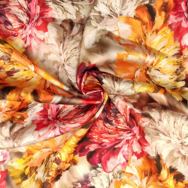 Tessuto Satin a fantasia motivo floreale tortora - arancione - azalea