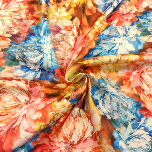 Tessuto Satin a fantasia motivo floreale turchese - corallo - giallo