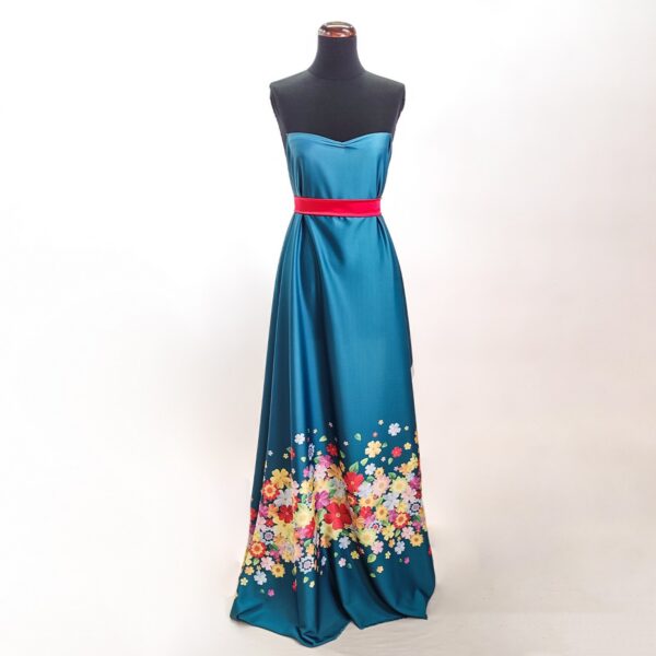 Tessuto Satin a fantasia motivo floreale fondo verde bottiglia