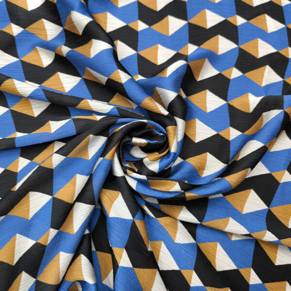 Tessuto Satin a fantasia motivo geometrico nocciola - blu royal- nero - bianco