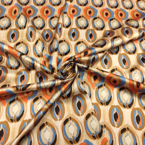 Tessuto Satin elasticizzato a fantasia motivo astratto beige - arancione - carta da zucchero