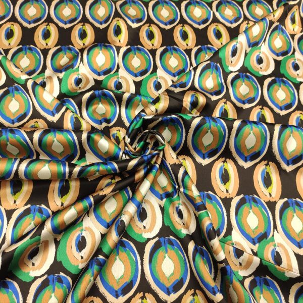 Tessuto Satin elasticizzato a fantasia motivo astratto blu - verde - beige - ruggine