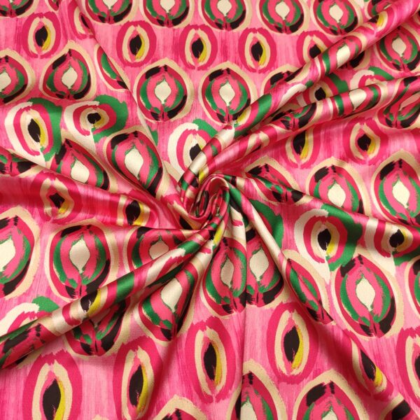 Tessuto Satin elasticizzato a fantasia motivo astratto fucsia - verde - panna - nero