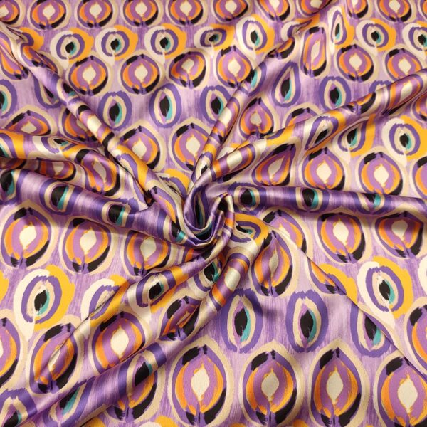 Tessuto Satin elasticizzato a fantasia motivo astratto lilla - arancione - panna - nero