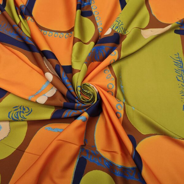 Tessuto Satin elasticizzato a fantasia motivo astratto verde acido - arancione - cuoio - blu