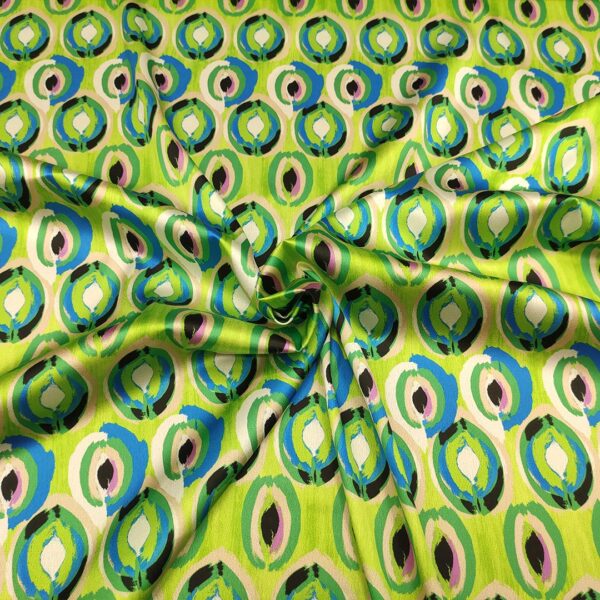 Tessuto Satin elasticizzato a fantasia motivo astratto verde fluo - blu elettrico - verde - panna