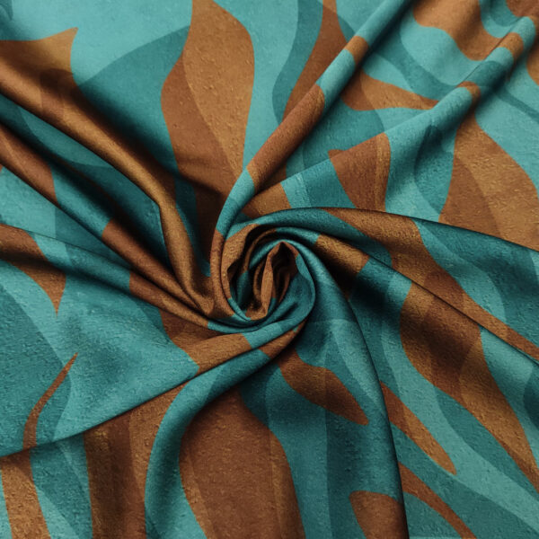 Tessuto Satin elasticizzato a fantasia motivo astratto ottanio - marrone