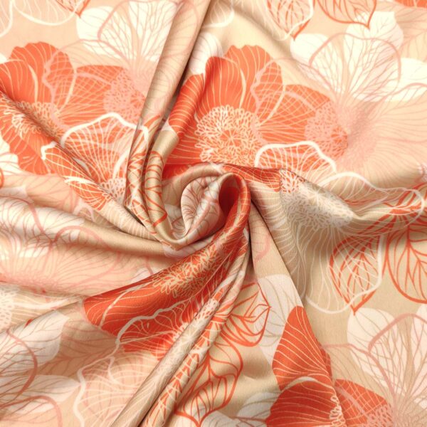 Tessuto Satin elasticizzato a fantasia motivo floreale arancione - beige - bianco