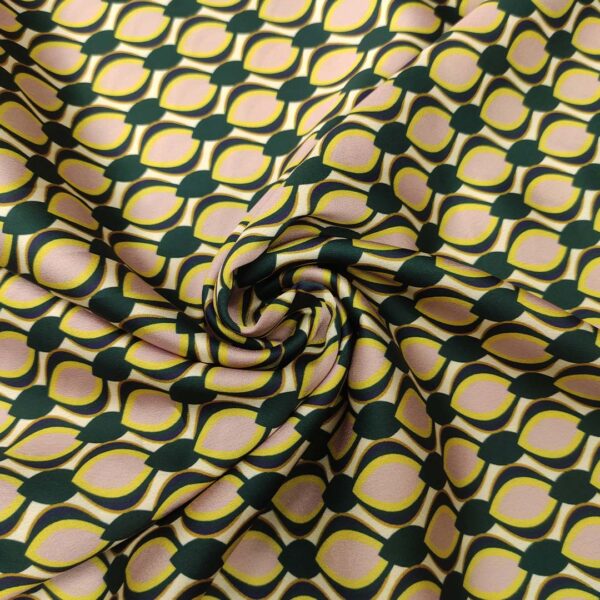 Tessuto Satin elasticizzato a fantasia motivo geometrico verde petrolio - rosa - lime