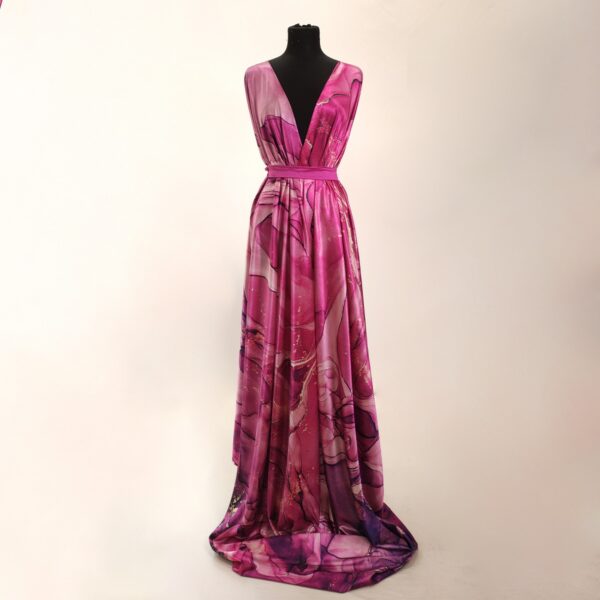 Tessuto Satin a fantasia motivo astratto fucsia - viola