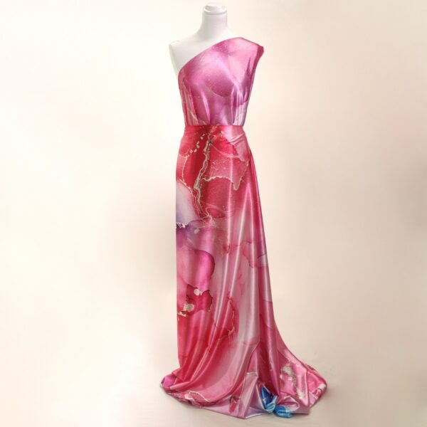 Tessuto Satin a fantasia motivo astratto rosa - celeste