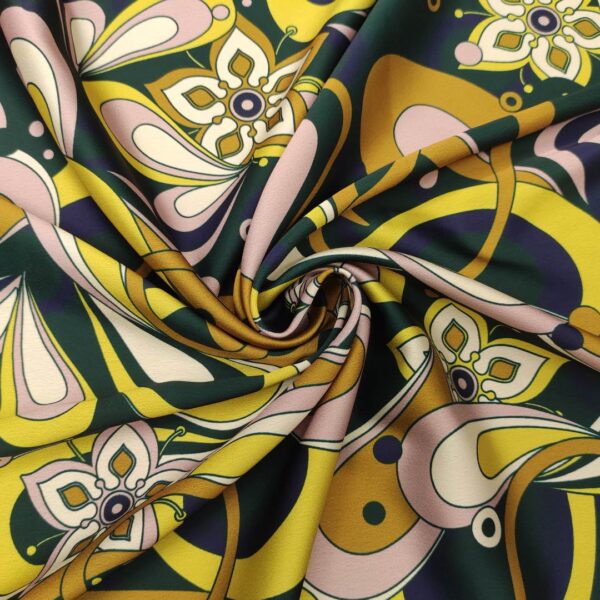 Tessuto Satin elasticizzato a fantasia motivo astratto verde bosco - lime - rosa