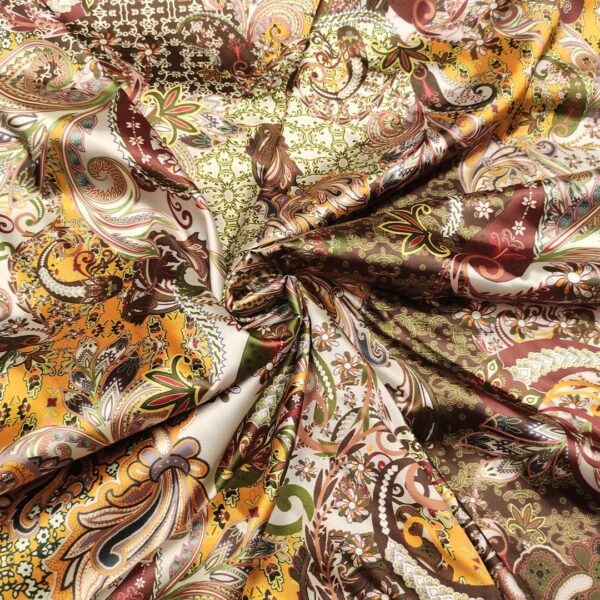 Tessuto Satin elasticizzato a fantasia motivo floreale cashmere ocra - nero - verde acido