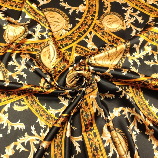 Tessuto Satin elasticizzato a fantasia motivo floreale barocco oro - nero