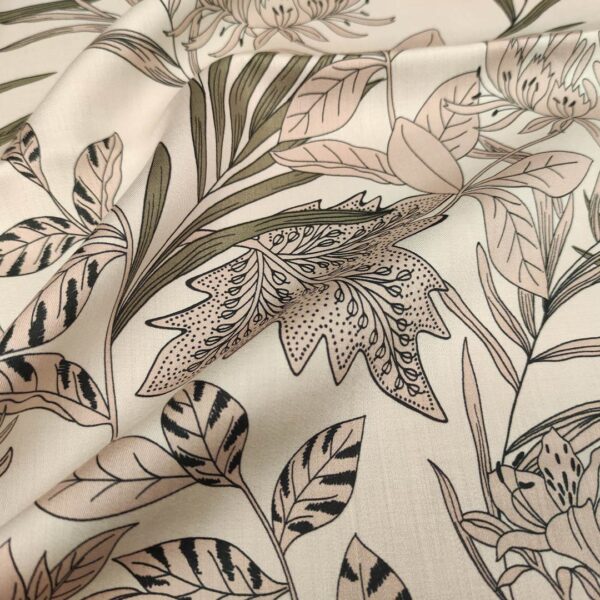 Tessuto Satin elasticizzato a fantasia motivo floreale panna - rosa chiaro - verde militare