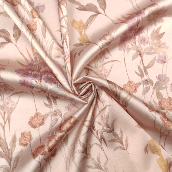 Tessuto Satin elasticizzato a fantasia motivo floreale rosa pesco - marrone