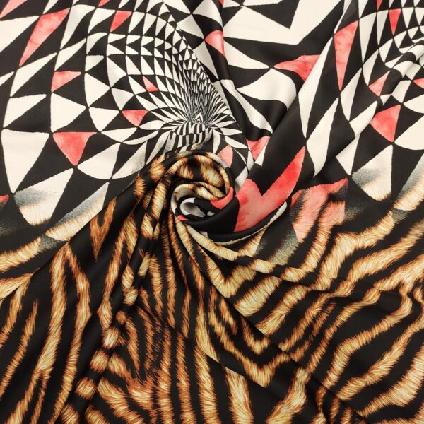 Tessuto Satin a fantasia motivo astratto bianco - nero - rosso - marrone