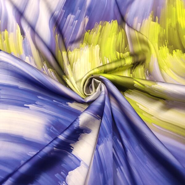 Tessuto Satin a fantasia motivo astratto lime - violet - indaco