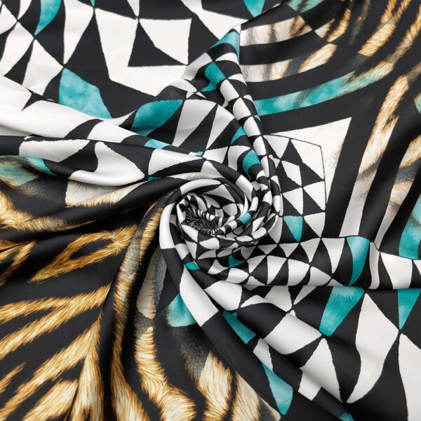 Tessuto Satin a fantasia motivo astratto nero - bianco - tiffany