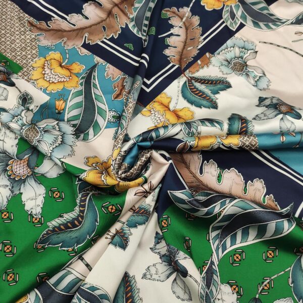 Tessuto Satin a fantasia motivo astratto panna - ottanio - giallo