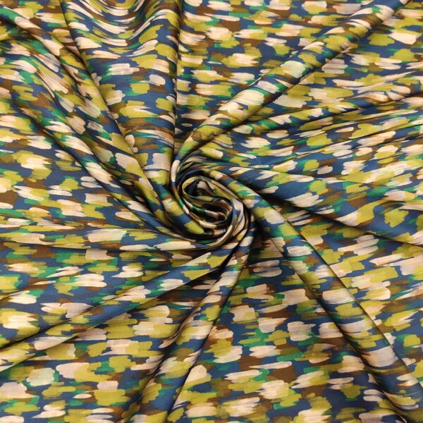 Tessuto Satin a fantasia motivo astratto verde acido - bianco - blu - verde petrolio