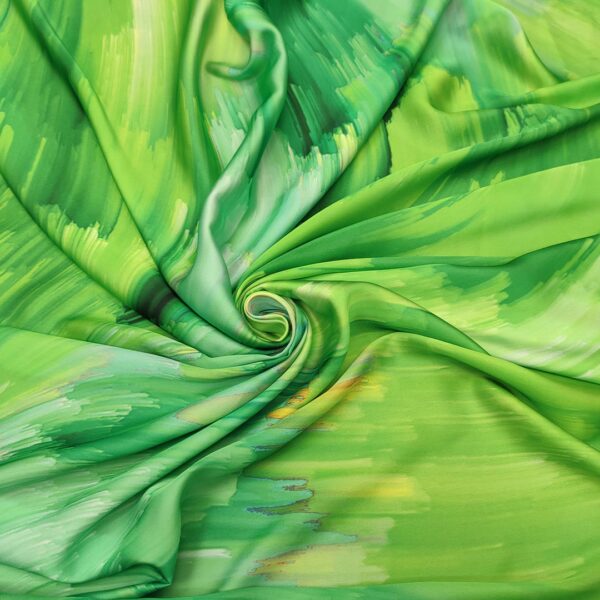 Tessuto Satin a fantasia motivo astratto verde prato - verde chiaro - verde fluo