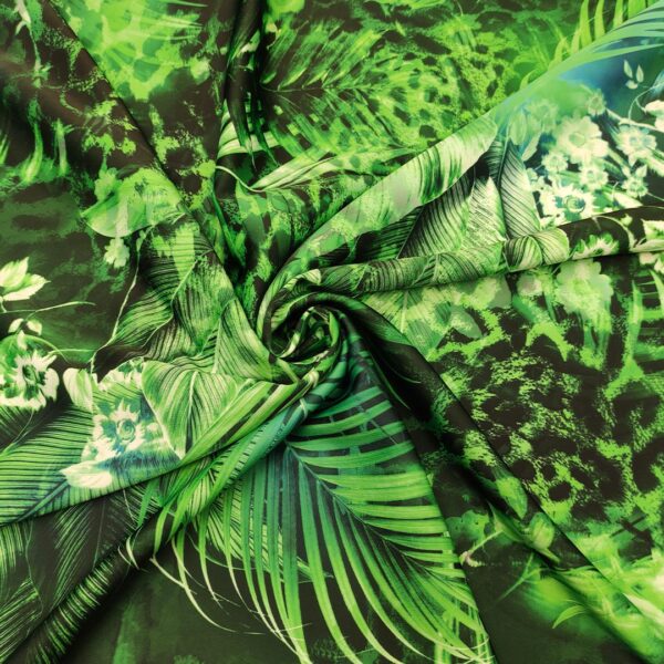 Tessuto Satin a fantasia motivo astratto verde prato - verde fluo - turchese - nero