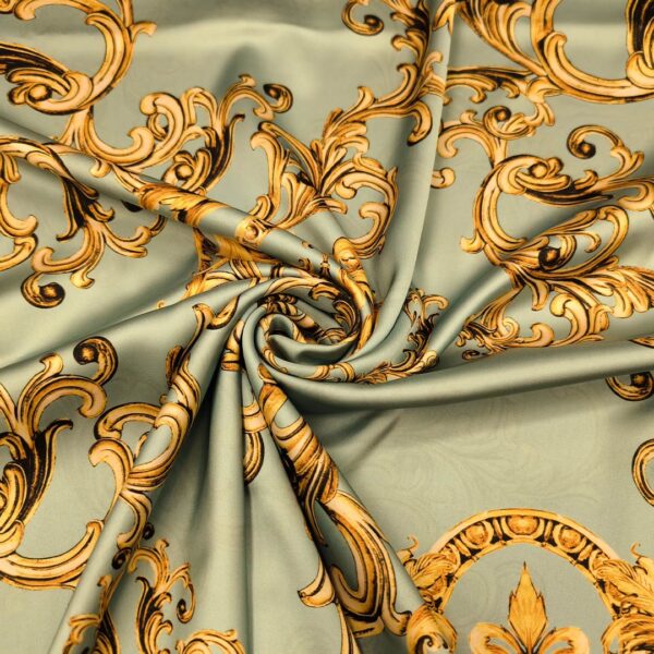 Tessuto Satin a fantasia motivo floreale barocco verde tiffany - giallo