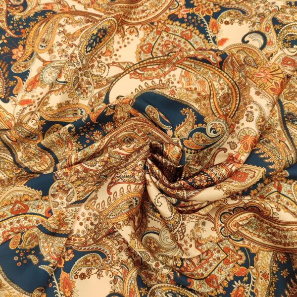 Tessuto Satin a fantasia motivo floreale cashmere blu - beige - arancione - ruggine