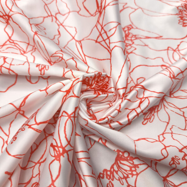 Tessuto Satin a fantasia motivo floreale rosso - bianco