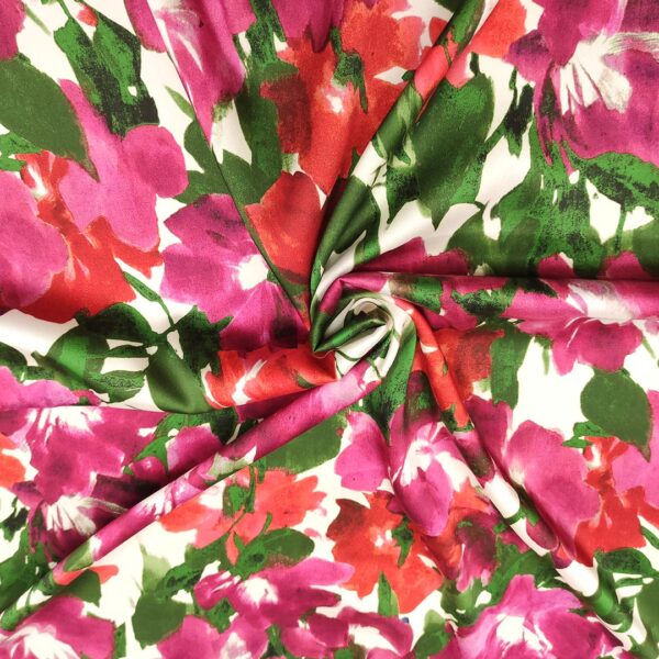 Tessuto Satin a fantasia motivo floreale verde - ciclamino - bianco