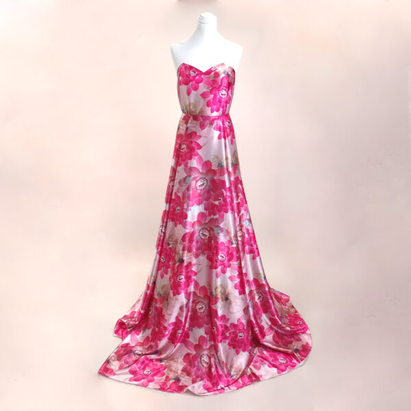 Tessuto Satin a fantasia motivo floreale fucsia - beige