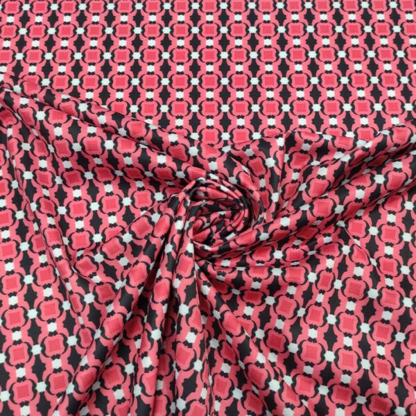 Tessuto Scuba Crepe a fantasia motivo geometrico nero - rosso - acquamarina