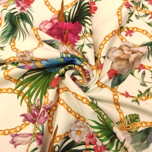 Tessuto Scuba Crepe a fantasia motivo floreale verde - ocra - lampone - bianco seta