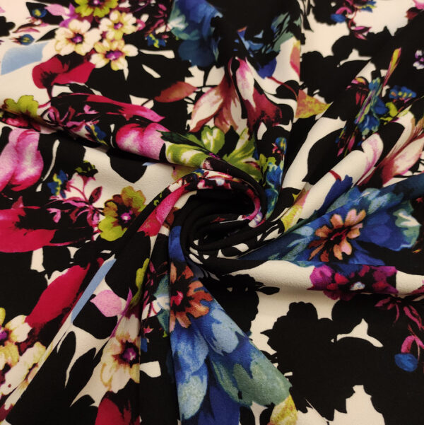 Tessuto scuba crepe a fantasia motivo astratto blu - bianco