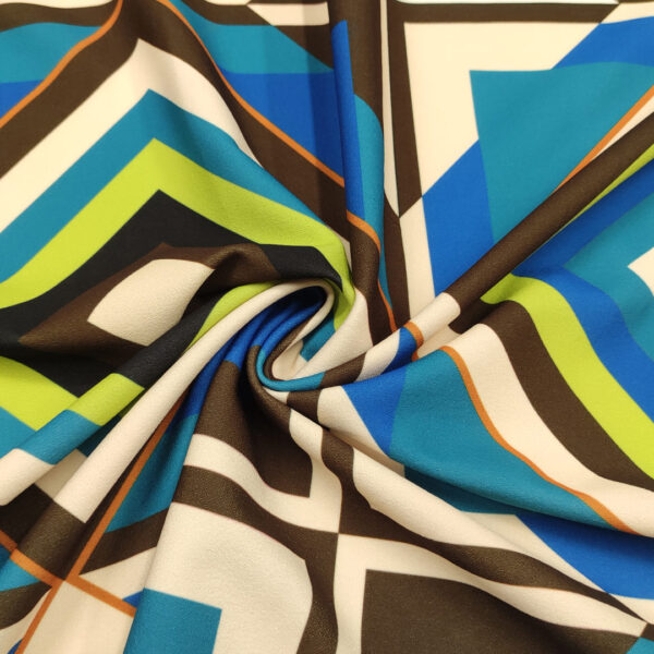 Tessuto Scuba Crepe a fantasia motivo geometrico blu - verde acido - marrone