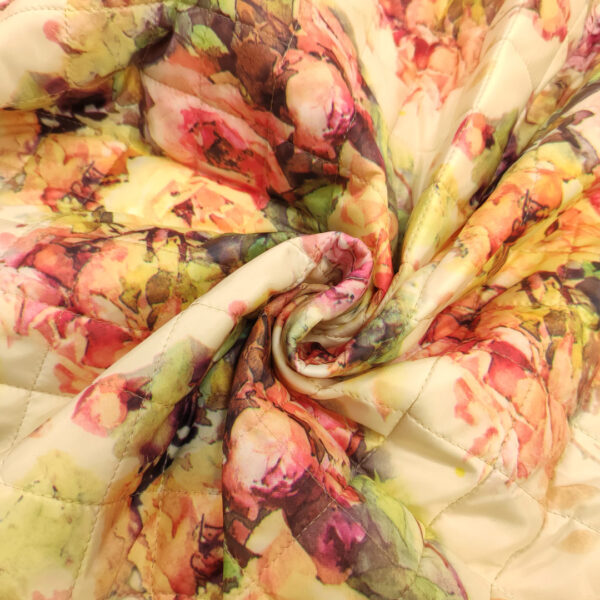 Tessuto Trapunta double face a fantasia motivo floreale rosa - beige - verde