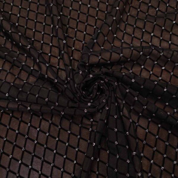 Tessuto Tulle bielastico con glitter motivo geometrico nero