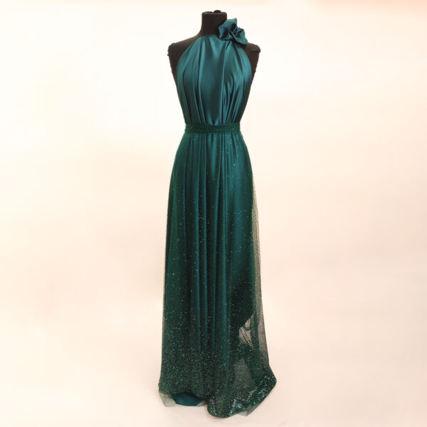 Tessuto Tulle mano seta con Glitter motivo astratto verde bottiglia