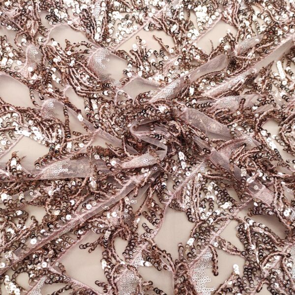Tessuto Tulle elasticizzato ricamato con paillettes a frange tinta unita rosa gold