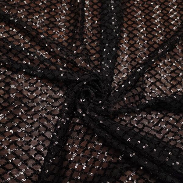 Tulle elasticizzato ricamato con paillettes motivo geometrico nero