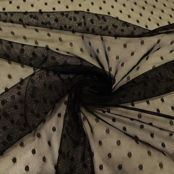 Tessuto tulle elasticizzato motivo pois nero