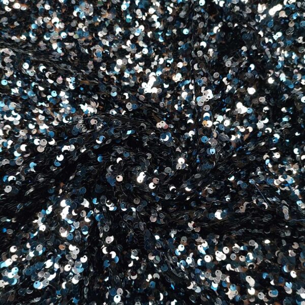 Tessuto tulle elasticizzato ricamato con paillettes blu - argento