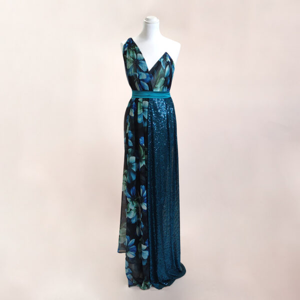 Tessuto Tulle ricamato con paillettes abbinato a tessuto chiffon a fantasia