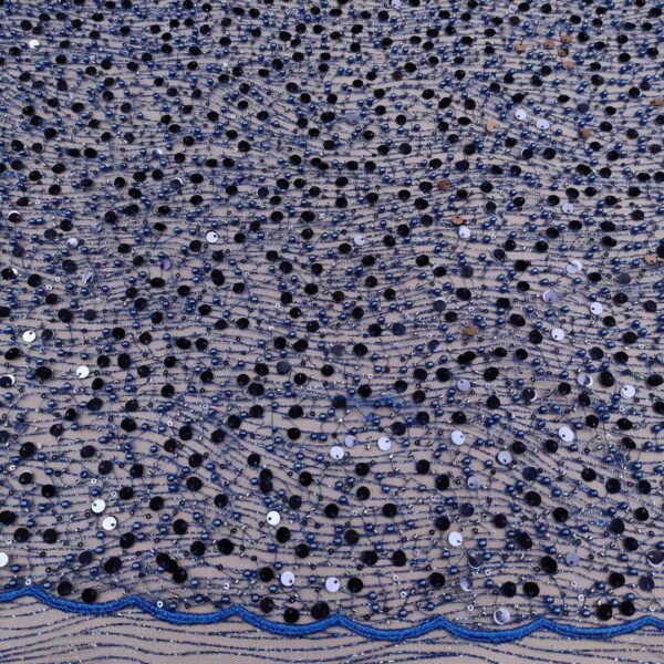 Tessuto Tulle glitter Ricamato con paillettes e con perline motivo astratto blu elettrico