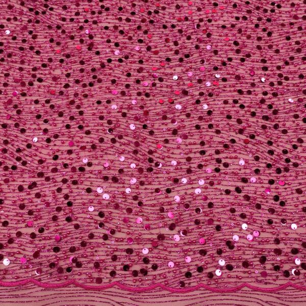 Tessuto Tulle glitter Ricamato con paillettes e con perline motivo astratto fucsia